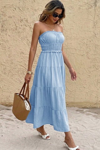 Bandeau Smocked Bust Solid Color Maxi Dress