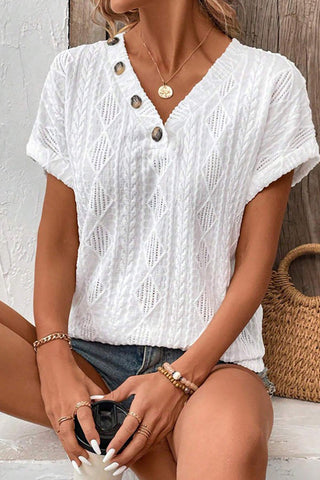 V Neck Button Casual Solid Tops