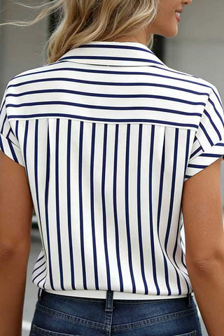 Fashion Stripe Print Button Cap Sleeve Tops