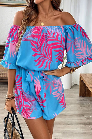 Fashion Off The Shoulder Leaf Print Rompers