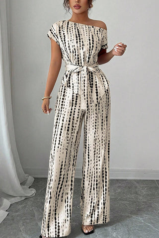 Asymmetric Tie Waist Printed Casual Two Piece Set