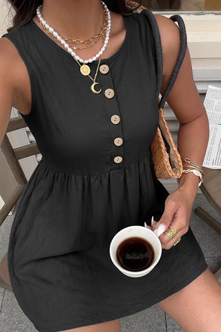 Fashion Button Solid Black Casual Mini Dress