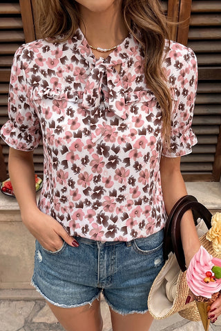 Short Sleeve Knot Collar Casual Tops