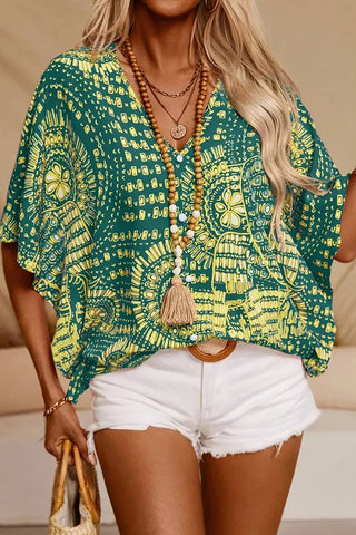 Fashion V Neck Printed Button Casual Tops