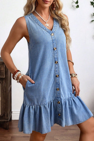 V Neck Button Ruffle Hem Solid Dress