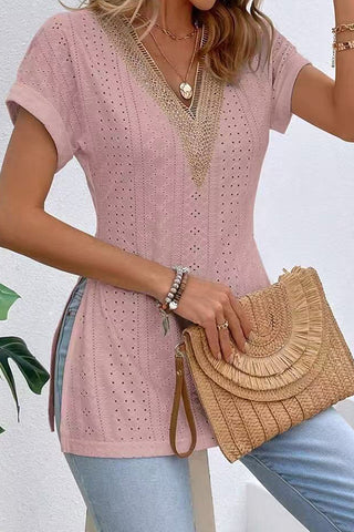 Fashion V Neck Patchwork Split Casual Tops