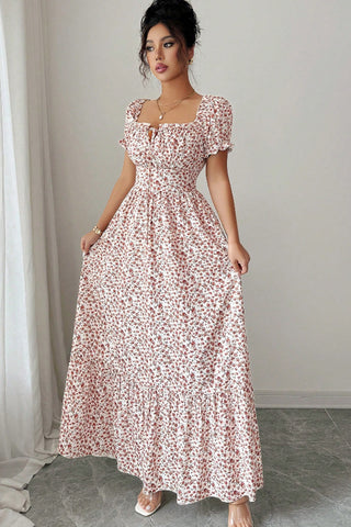 Smocked Waist Floral Print Ruffle Hem Casual Maxi Dress