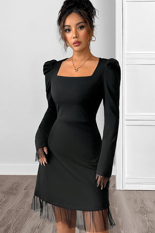 Solid Black Lace Patchwork Long Sleeve Casual Dress