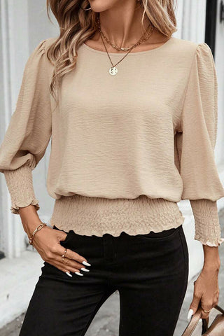 Fashion Smocked Solid Color Casual Tops