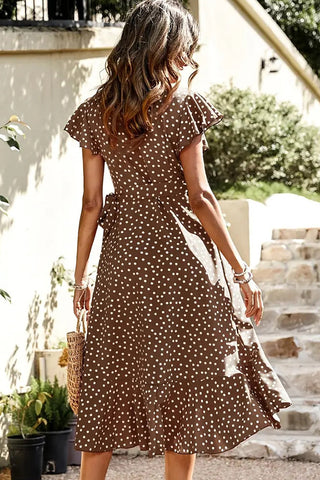 Fashion Dots Print Ruffle Hem V Neck Dress