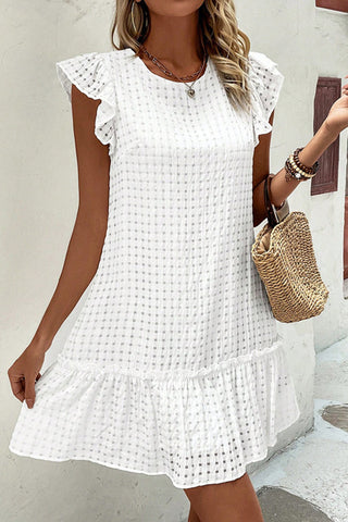 Ruffle Solid Color Round Neck Mini Dress