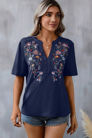 V Neck Embroidery Half Sleeve Casual Tops