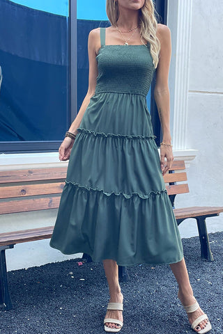 Fashion Smocked Bust Solid Color Casual Dress