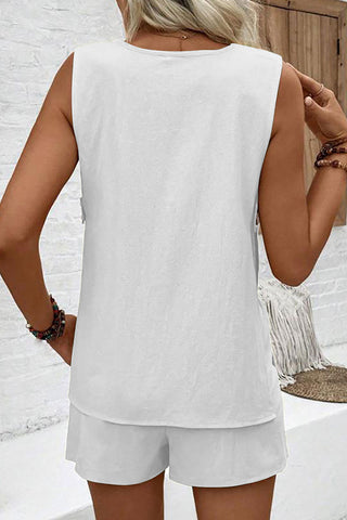 Fashion Solid Button V Neck Two Piece Set