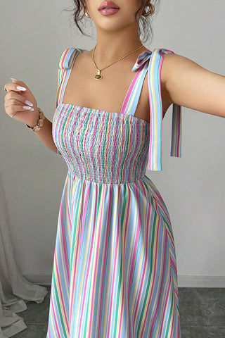 Tie Shoulder Stripe Print Colorful Maxi Dress