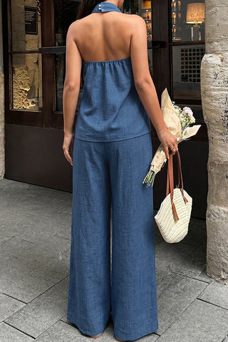 Fashion Halter Neck Solid Color Two Piece Set