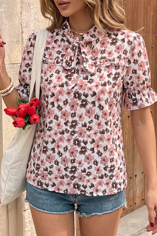 Short Sleeve Knot Collar Casual Tops