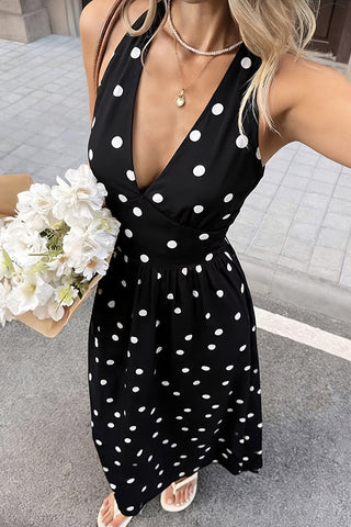Fashion V Neck Button Halter Neck Casual Dress