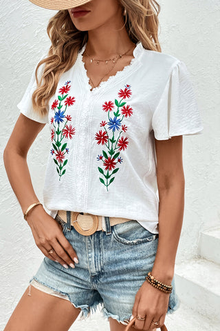 Embroidery V Neck Casual Tops
