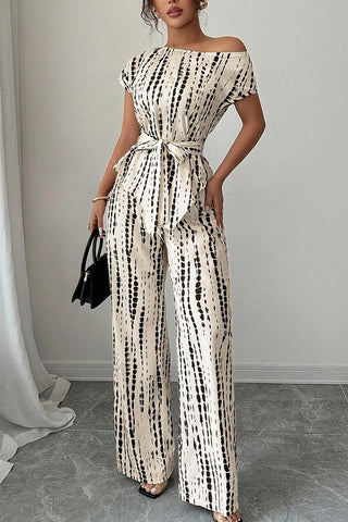 Asymmetric Tie Waist Printed Casual Two Piece Set