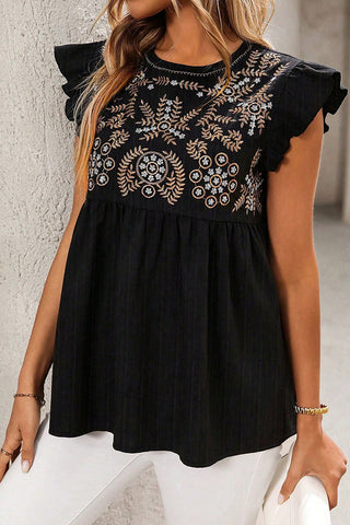 Bohemian Embroidered Round Neck Casual Tops