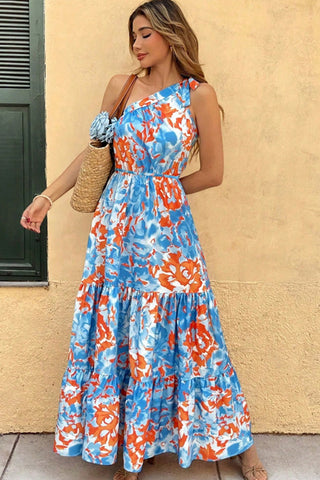 One Shoulder Floral Print High Waist Maxi Dress