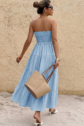 Bandeau Smocked Bust Solid Color Maxi Dress