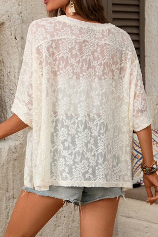 Lace Solid Color Round Neck Casual Tops