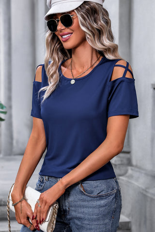 Cutout Shoulder Round Neck Casual Tops