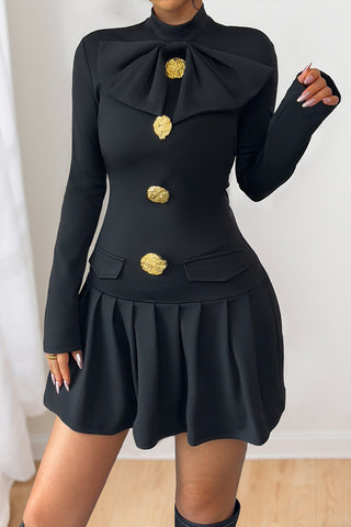 Fashion Button Long Sleeve Ruffle Hem Casual Dress
