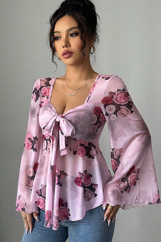 Fashion Mesh Floral Print Bow Casual Tops