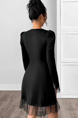 Solid Black Lace Patchwork Long Sleeve Casual Dress