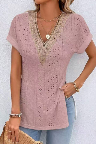 Fashion V Neck Patchwork Split Casual Tops