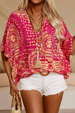Fashion V Neck Printed Button Casual Tops