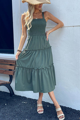 Fashion Smocked Bust Solid Color Casual Dress