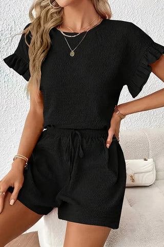 Ruffle Sleeve Round Neck Casual Two Piece Set