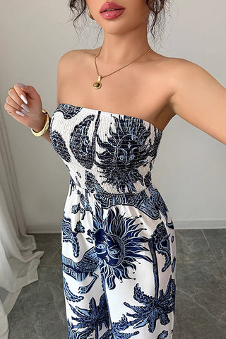 Bandeau Printed Smocked Casual Jumpsuits