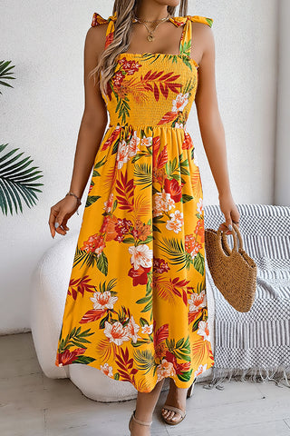 Fashion Smocked Design Floral Print Casual Dress