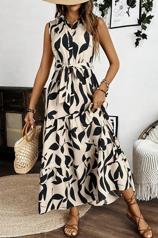 Fashion Leaf Print Tie Waist Causal Maxi Dress