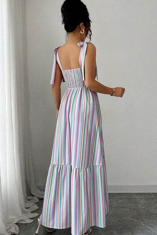 Tie Shoulder Stripe Print Colorful Maxi Dress