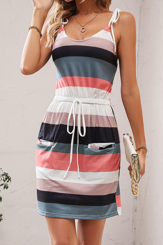 Tie Shoulder Stripe Print Casual Dress
