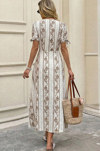 Vacation V Neck Button Printed Casual Dress
