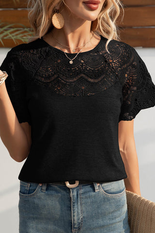 Lace Patchwork Round Neck Casual Tops