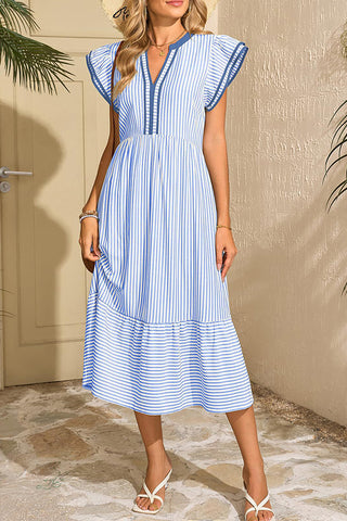 V Neck Stripe Print Ruffle Sleeve Casual Dress