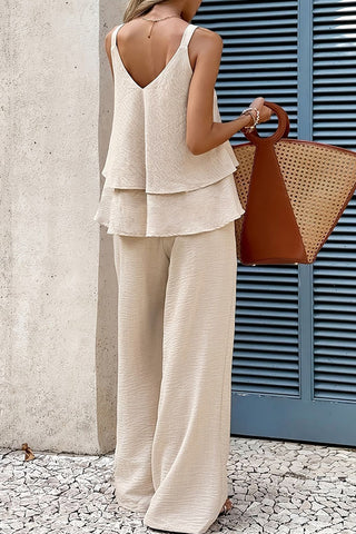 V Neck Solid Color Ruffle Two Piece Set