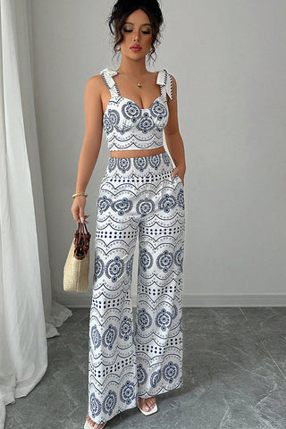 Fashion Smocked Print Tie Shoulder Two Piece Set