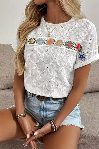 Fashion Hollow Patchwork Round Neck Casual Tops