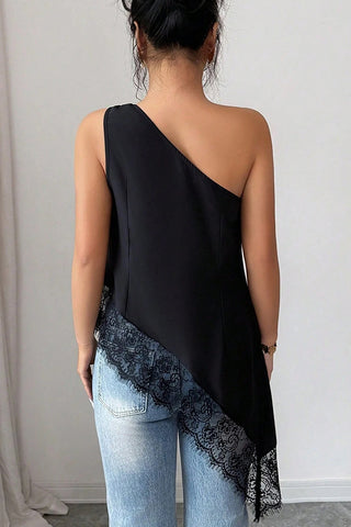 One Shoulder Lace Solid Color Black Tops