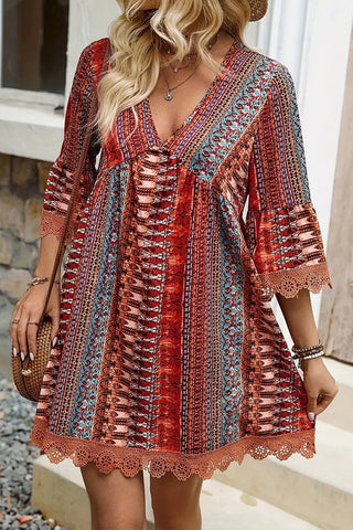 Fashion Lace Patchwork V Neck Casual Dress