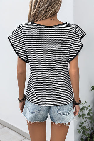 Classic Stripe Print Ruffle Casual Tops